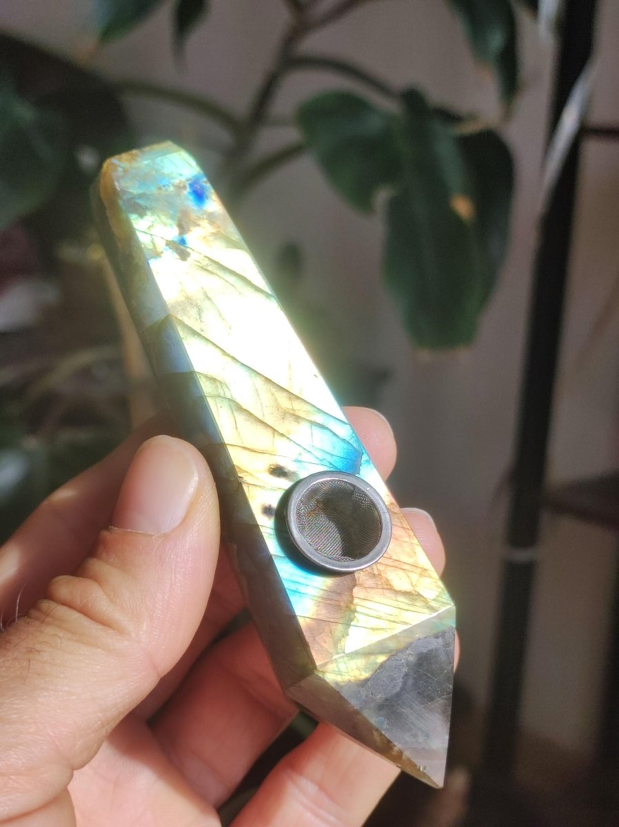 Labradorit AAA Edelstein Pfeife Blau Natur Heilstein Kräuter GOA Hippie Ethno Boho Flash Fire Festival Utensil Sammlerstück DMT - Art of Nature Berlin