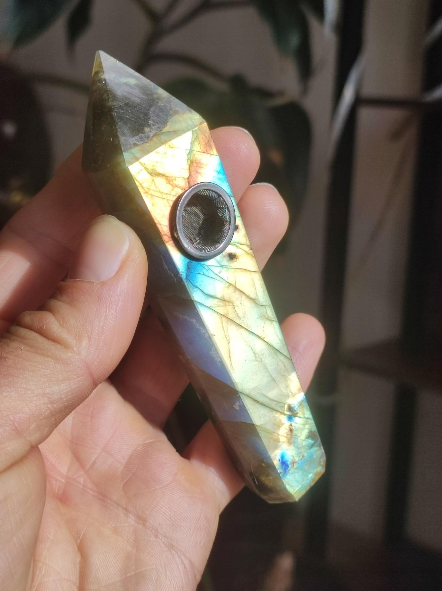 Labradorit AAA Edelstein Pfeife Blau Natur Heilstein Kräuter GOA Hippie Ethno Boho Flash Fire Festival Utensil Sammlerstück DMT - Art of Nature Berlin