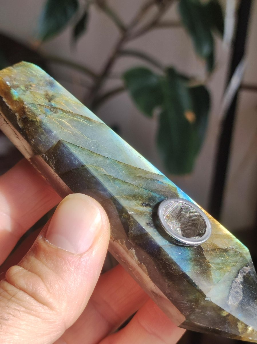 Labradorit AAA Edelstein Pfeife Blau Natur Heilstein Kräuter GOA Hippie Ethno Boho Flash Fire Festival Utensil Sammlerstück DMT - Art of Nature Berlin