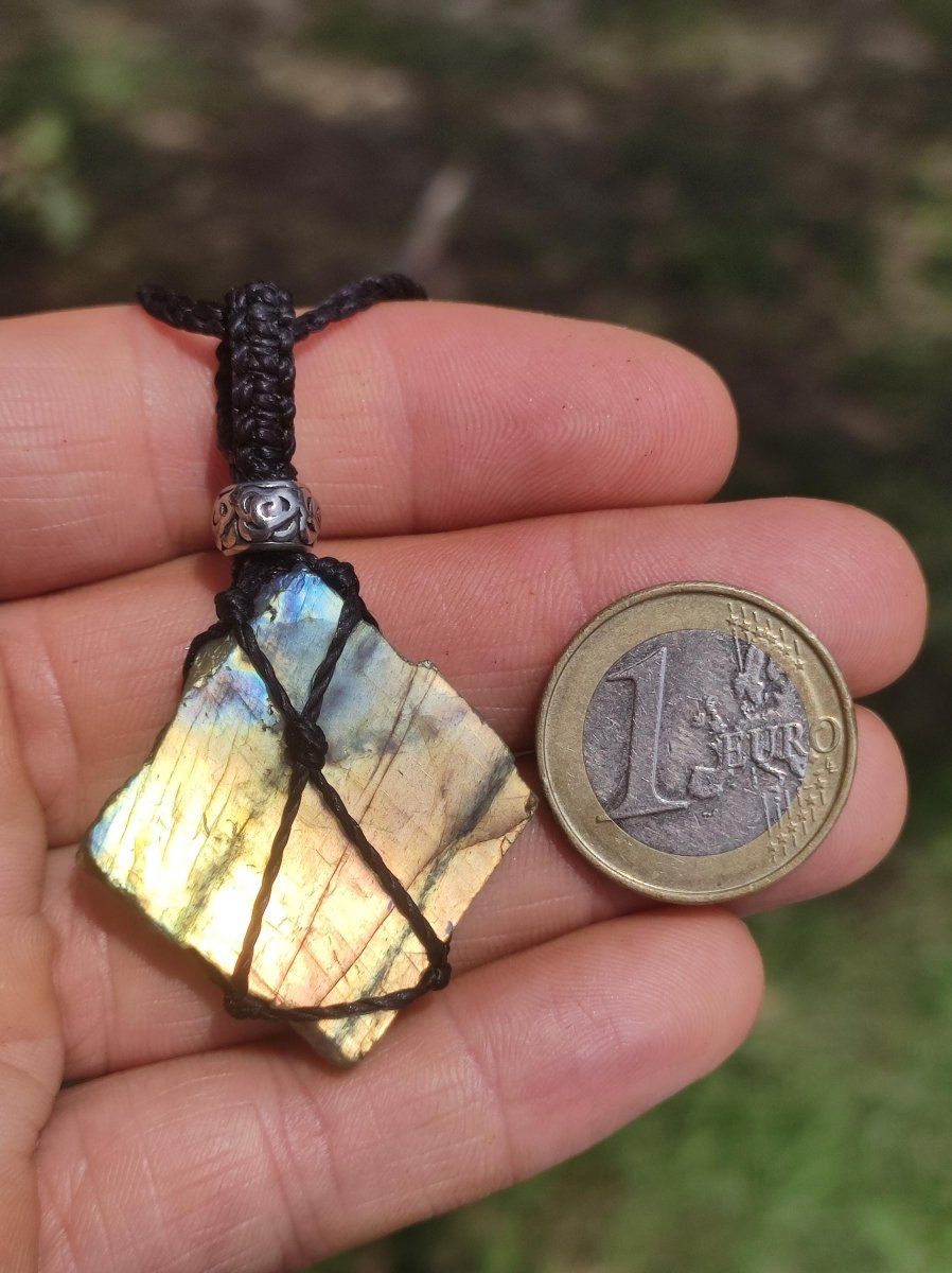 Labradorit ~ Makramee Edelstein Kette ~HIPPIE ~GOA ~Boho ~Ethno ~Nature ~Heilstein ~Flash ~Schimmernd ~Groß ~roh Mineral - Art of Nature Berlin