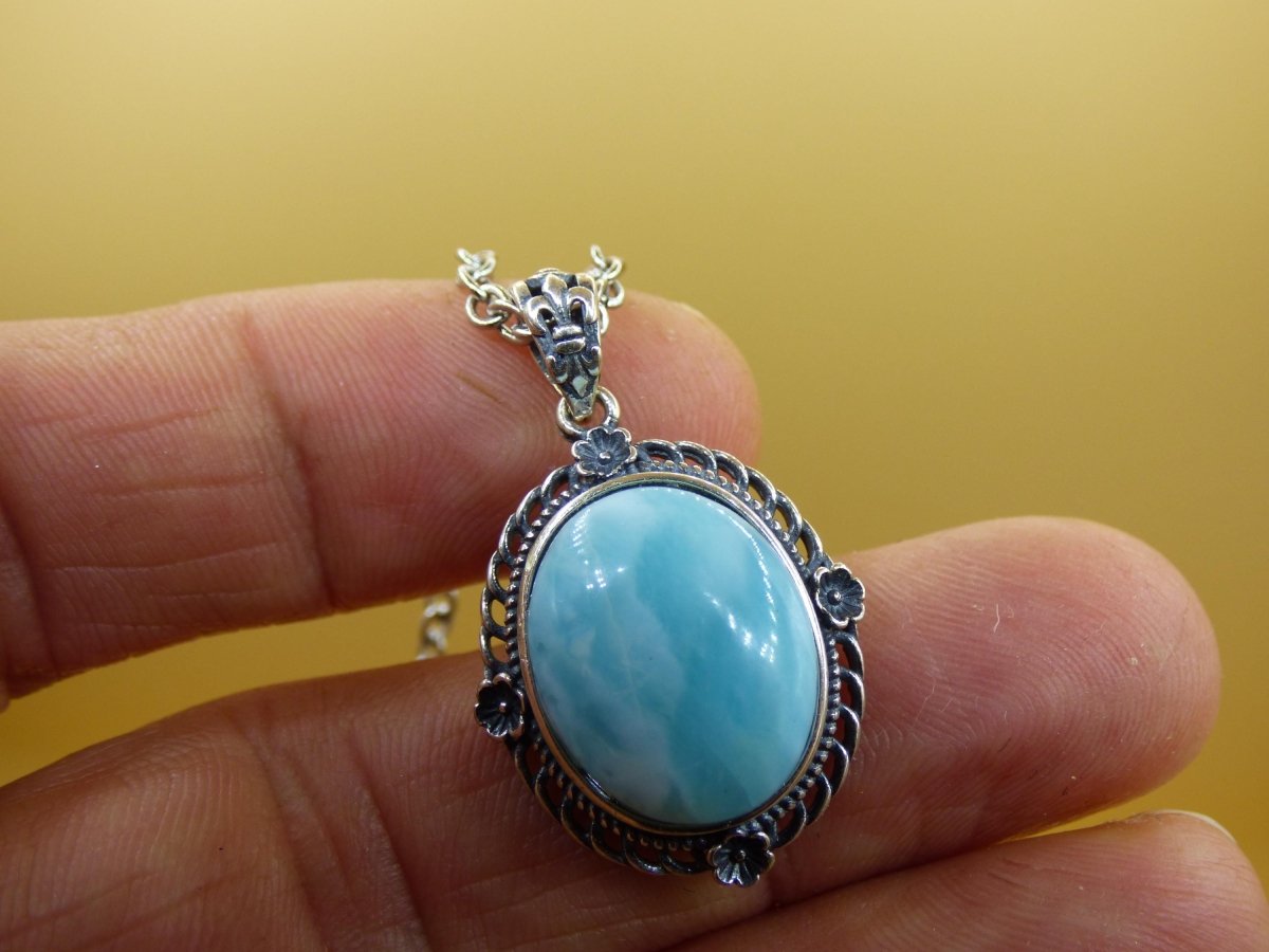 Larimar A Edelstein Kette 925 Sterling Silber Frau Schmuck Edel Antik Vintage Heilstein Rarität Meer Himmel blau Geschenk Frau Freundin - Art of Nature Berlin