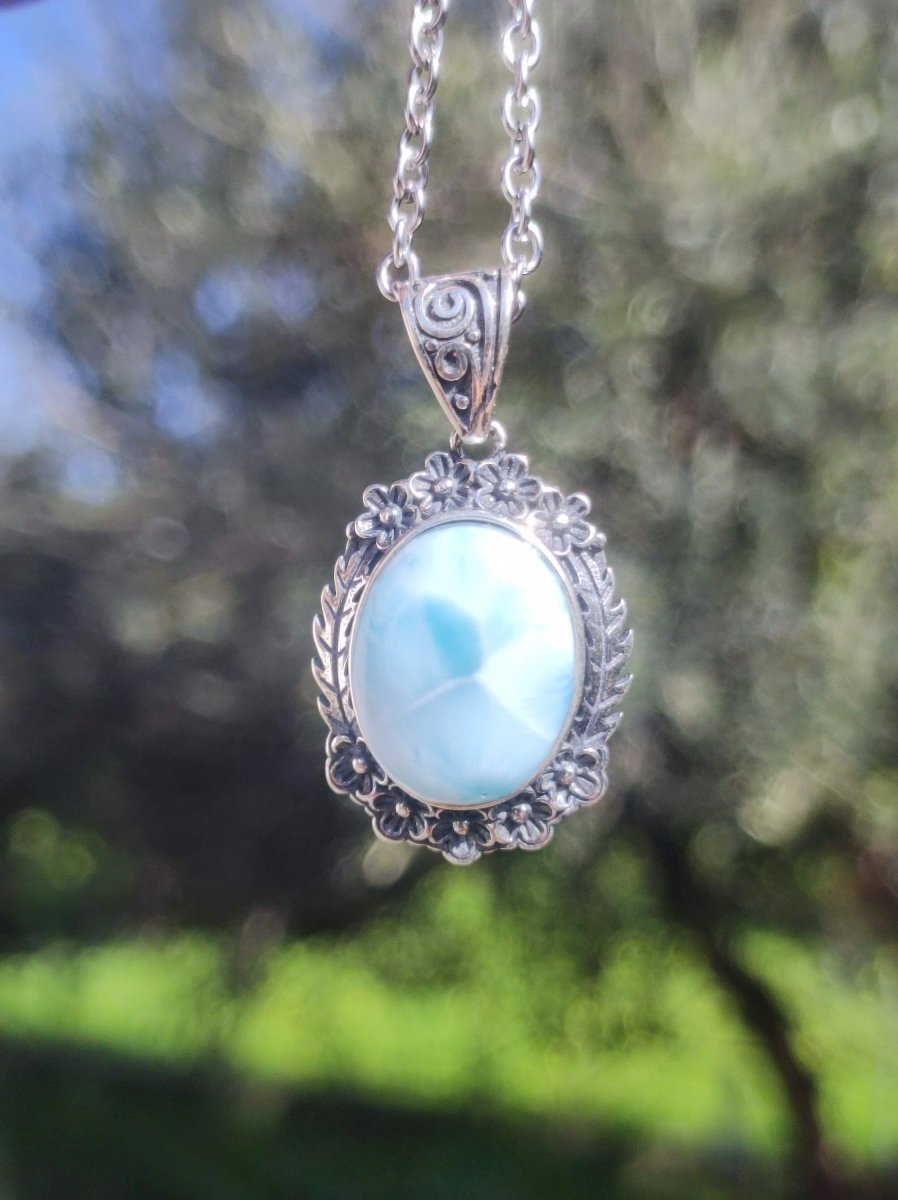 Larimar A Edelstein Kette 925 Sterling Silber Frau Schmuck Edel Antik Vintage Heilstein Rarität Meer Himmel blau Geschenk Frau Freundin - Art of Nature Berlin