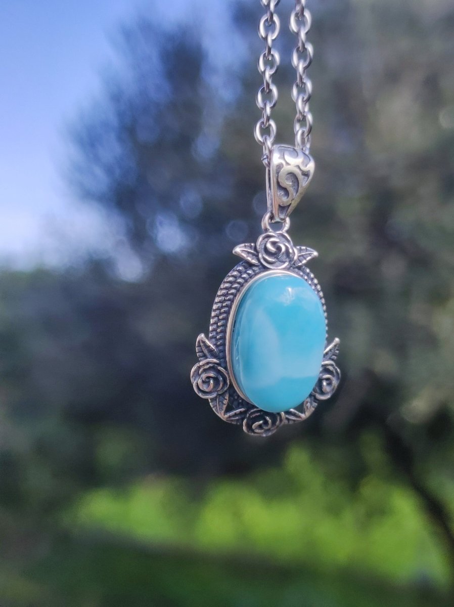 Larimar A Edelstein Kette 925 Sterling Silber Frau Schmuck Edel Antik Vintage Heilstein Rarität Meer Himmel blau Geschenk Frau Freundin - Art of Nature Berlin