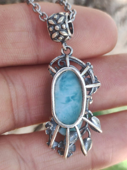 Larimar A Edelstein Kette 925 Sterling Silber Frau Schmuck Edel Antik Vintage Heilstein Rarität Meer Himmel blau Geschenk Frau Freundin - Art of Nature Berlin