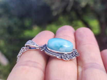 Larimar A Edelstein Kette 925 Sterling Silber Frau Schmuck Edel Antik Vintage Heilstein Rarität Meer Himmel blau Geschenk Frau Freundin - Art of Nature Berlin