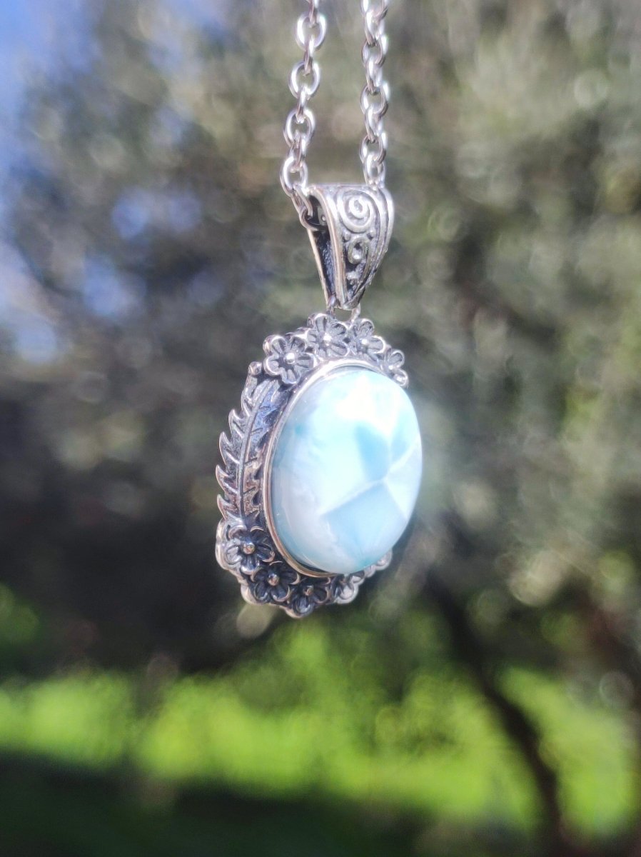 Larimar A Edelstein Kette 925 Sterling Silber Frau Schmuck Edel Antik Vintage Heilstein Rarität Meer Himmel blau Geschenk Frau Freundin - Art of Nature Berlin