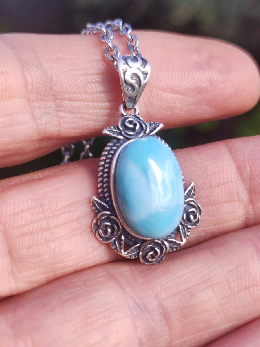 Larimar A Edelstein Kette 925 Sterling Silber Frau Schmuck Edel Antik Vintage Heilstein Rarität Meer Himmel blau Geschenk Frau Freundin - Art of Nature Berlin