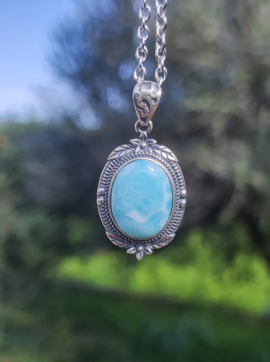 Larimar A Edelstein Kette 925 Sterling Silber Frau Schmuck Edel Antik Vintage Heilstein Rarität Meer Himmel blau Geschenk Frau Freundin - Art of Nature Berlin