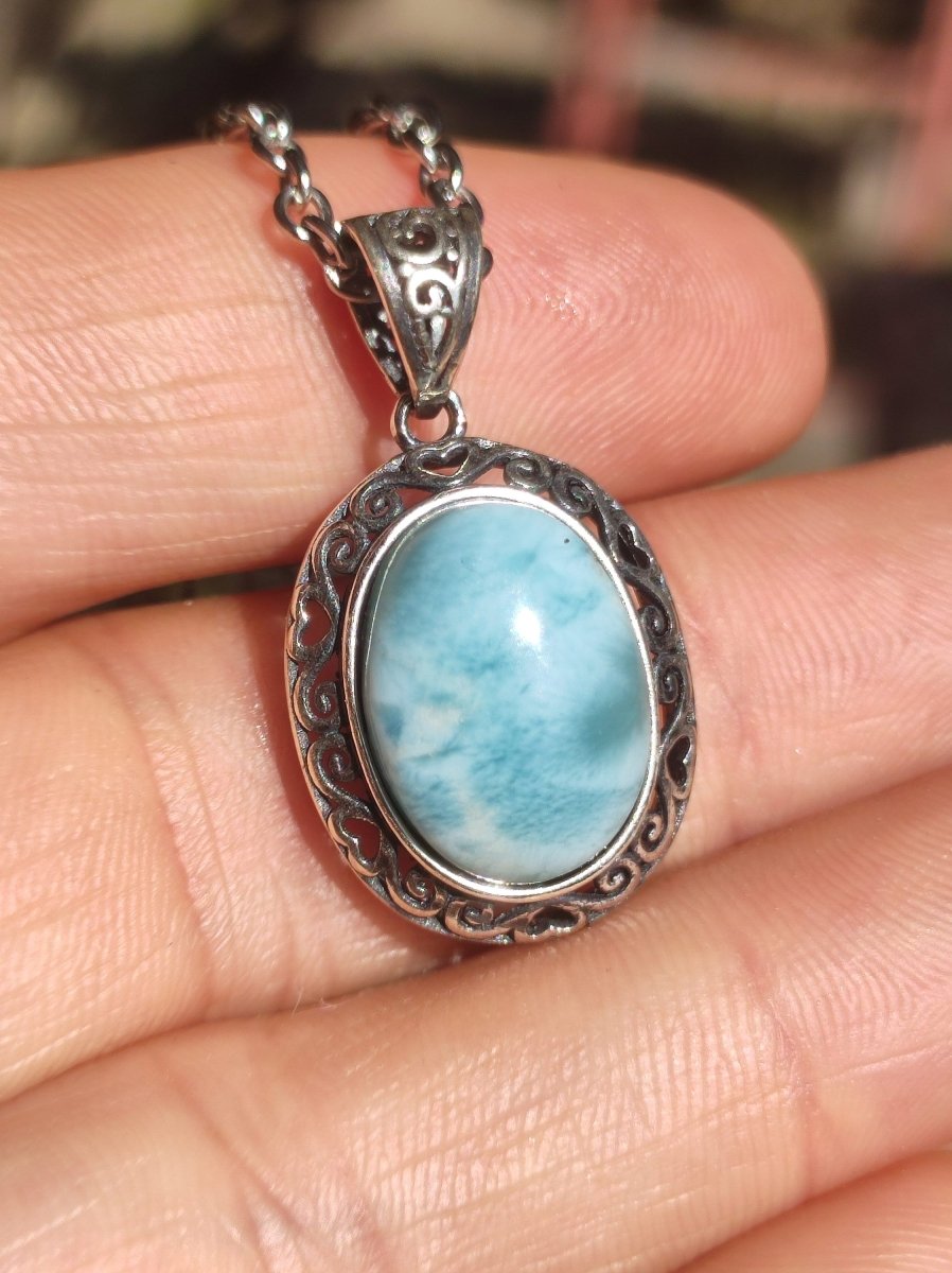 Larimar A Edelstein Kette 925 Sterling Silber Frau Schmuck Edel Antik Vintage Heilstein Rarität Meer Himmel blau Geschenk Frau Freundin - Art of Nature Berlin