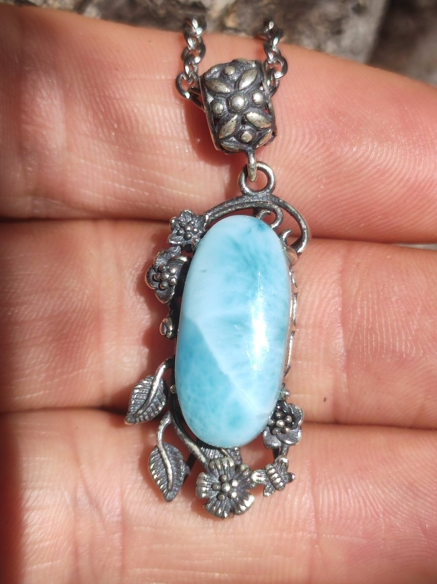 Larimar A Edelstein Kette 925 Sterling Silber Frau Schmuck Edel Antik Vintage Heilstein Rarität Meer Himmel blau Geschenk Frau Freundin - Art of Nature Berlin