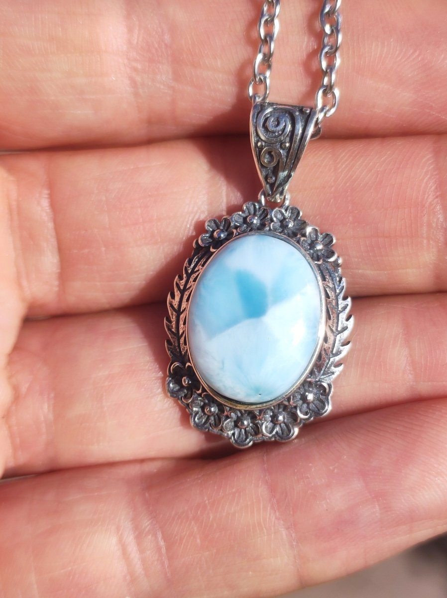 Larimar A Edelstein Kette 925 Sterling Silber Frau Schmuck Edel Antik Vintage Heilstein Rarität Meer Himmel blau Geschenk Frau Freundin - Art of Nature Berlin