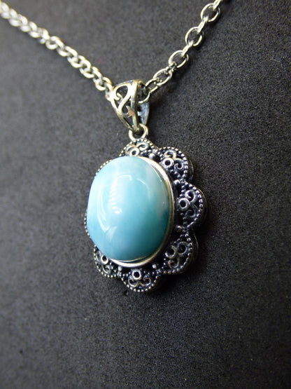 Larimar A Edelstein Kette 925 Sterling Silber Frau Schmuck Edel Antik Vintage Heilstein Rarität Meer Himmel blau Geschenk Frau Freundin - Art of Nature Berlin