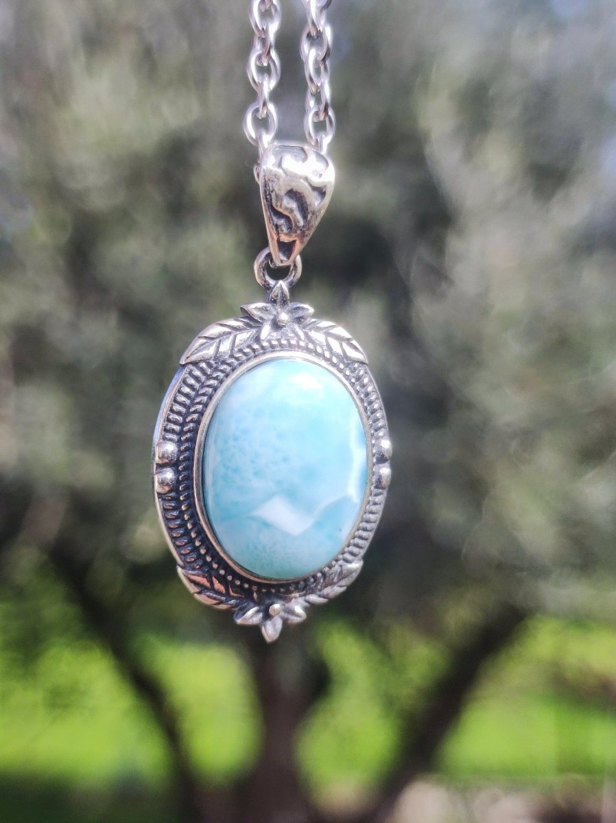 Larimar A Edelstein Kette 925 Sterling Silber Frau Schmuck Edel Antik Vintage Heilstein Rarität Meer Himmel blau Geschenk Frau Freundin - Art of Nature Berlin