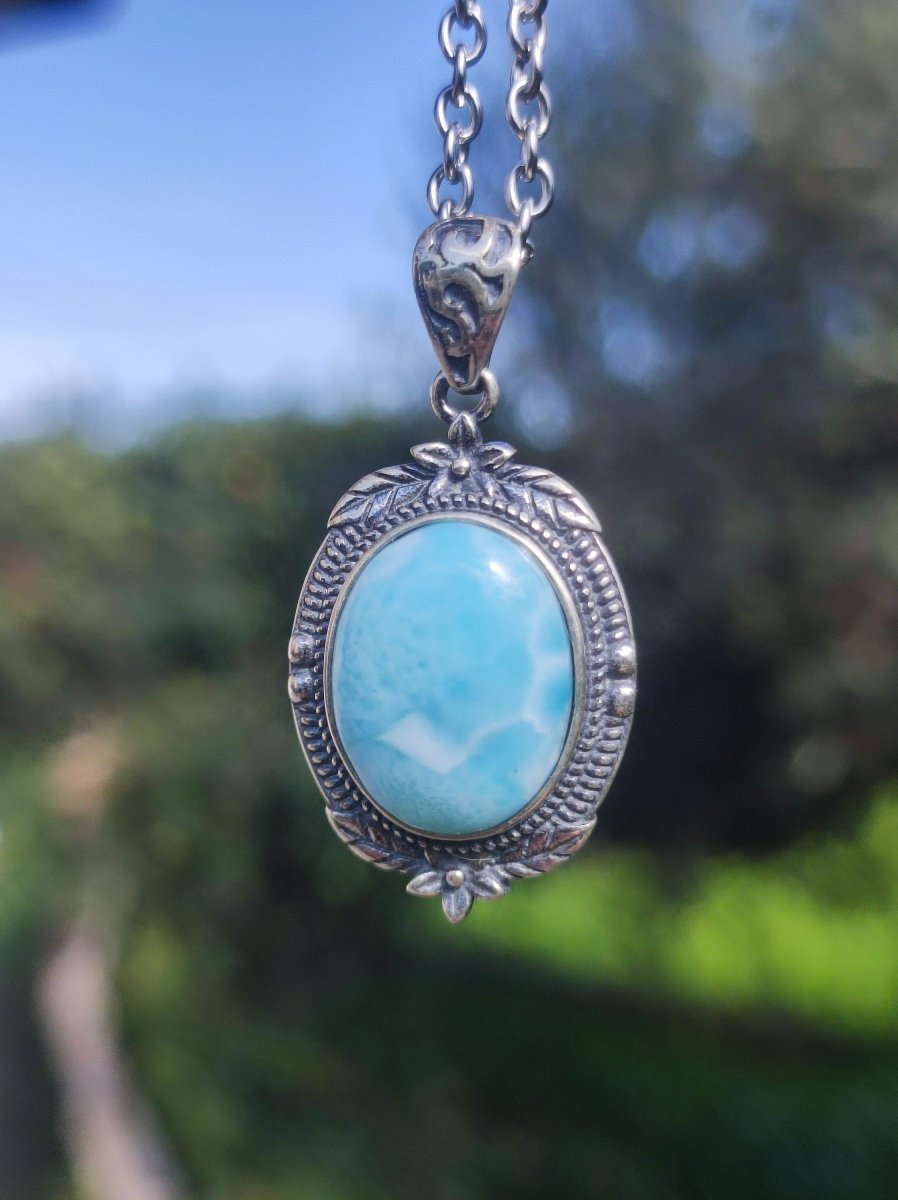 Larimar A Edelstein Kette 925 Sterling Silber Frau Schmuck Edel Antik Vintage Heilstein Rarität Meer Himmel blau Geschenk Frau Freundin - Art of Nature Berlin