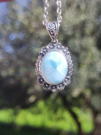 Larimar A Edelstein Kette 925 Sterling Silber Frau Schmuck Edel Antik Vintage Heilstein Rarität Meer Himmel blau Geschenk Frau Freundin - Art of Nature Berlin