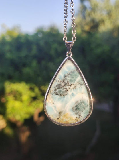 Larimar AAA "Atlantis Stone" Edelstein Kette 925 Sterling Silber Frau Schmuck Edel Natur Heilstein Hippie Rarität Meer Himmel blau Geschenk - Art of Nature Berlin
