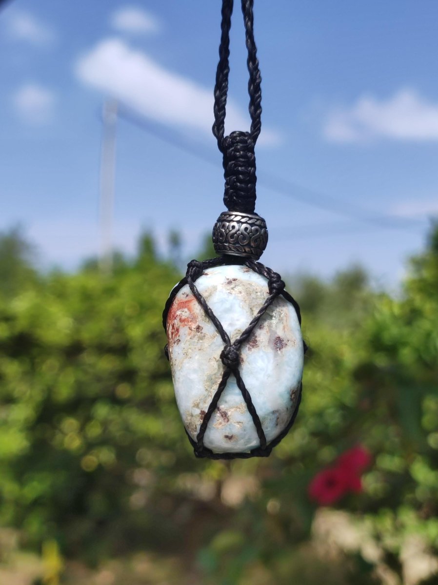 Larimar "Atlantis Stein" blau ~ Makramee Edelstein Kette ~HIPPIE ~GOA ~Boho ~Ethno ~Nature ~Heilstein ~Meer Himmelblau - Art of Nature Berlin