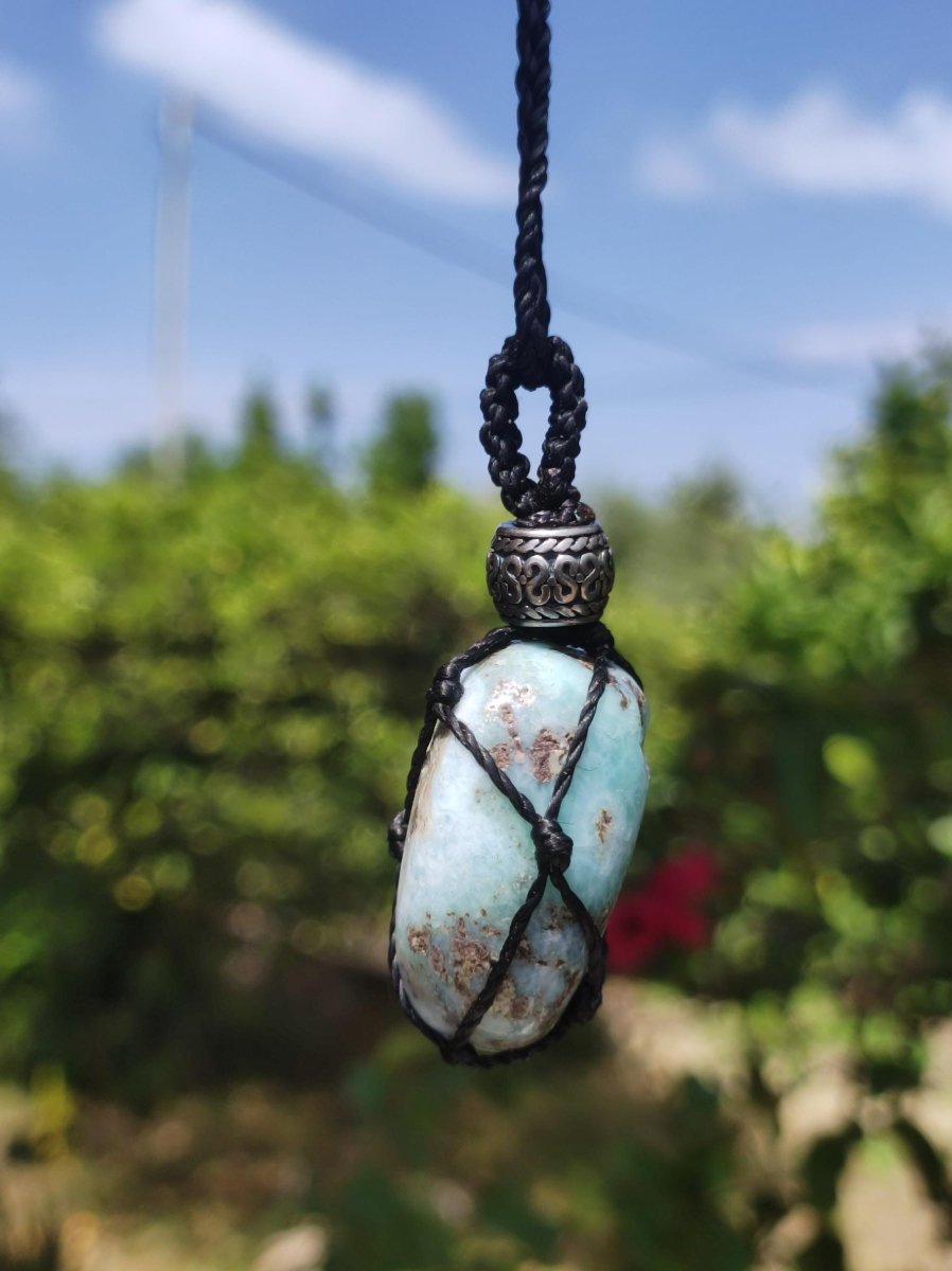 Larimar "Atlantis Stein" blau ~ Makramee Edelstein Kette ~HIPPIE ~GOA ~Boho ~Ethno ~Nature ~Heilstein ~Meer Himmelblau - Art of Nature Berlin