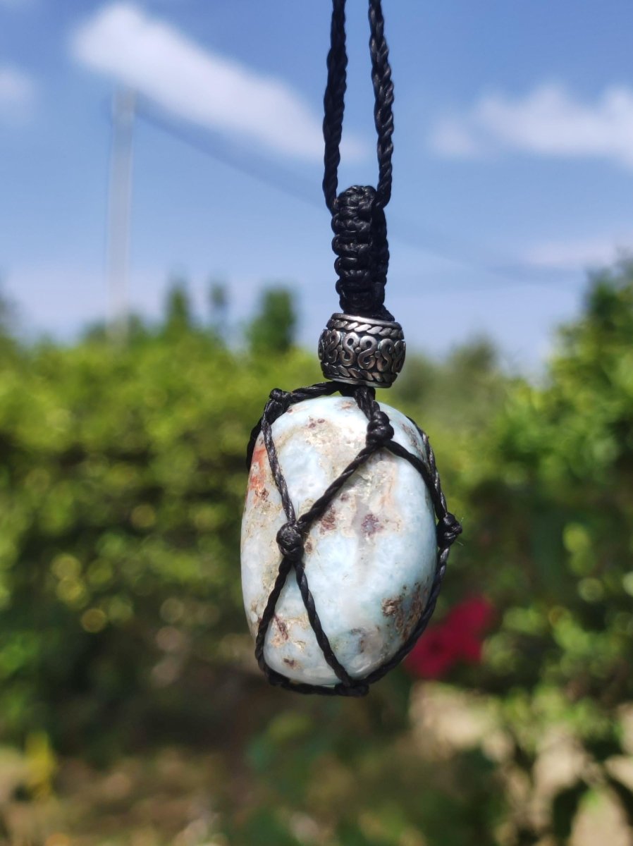 Larimar "Atlantis Stein" blau ~ Makramee Edelstein Kette ~HIPPIE ~GOA ~Boho ~Ethno ~Nature ~Heilstein ~Meer Himmelblau - Art of Nature Berlin