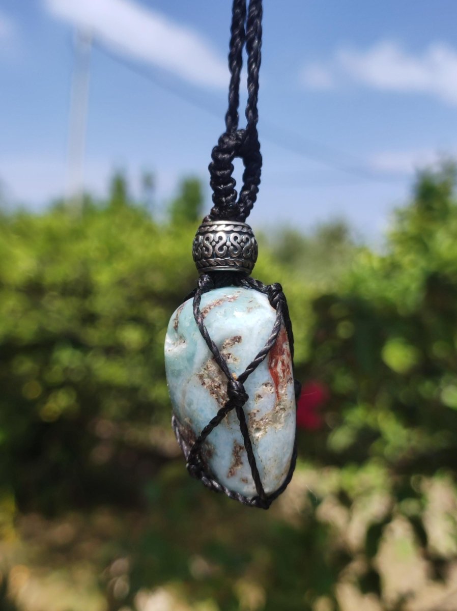 Larimar "Atlantis Stein" blau ~ Makramee Edelstein Kette ~HIPPIE ~GOA ~Boho ~Ethno ~Nature ~Heilstein ~Meer Himmelblau - Art of Nature Berlin