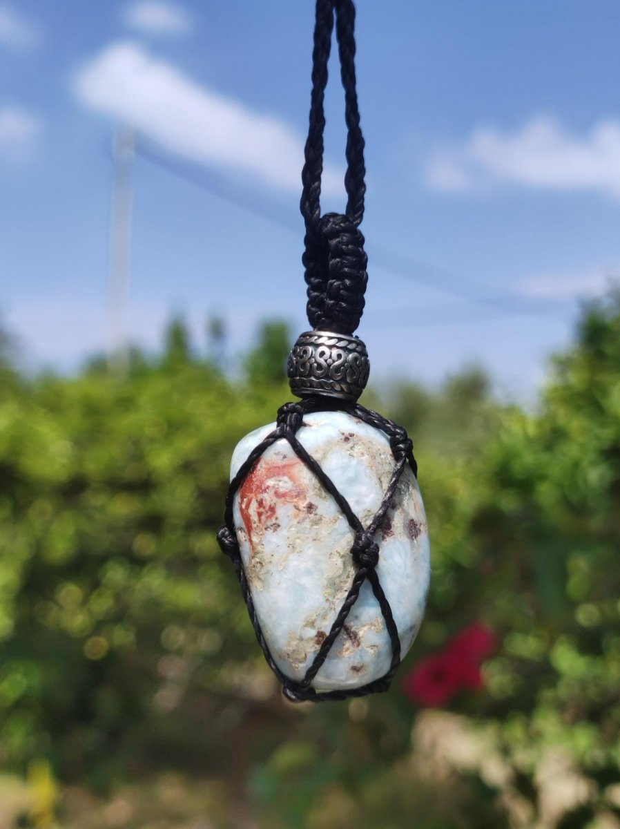 Larimar "Atlantis Stein" blau ~ Makramee Edelstein Kette ~HIPPIE ~GOA ~Boho ~Ethno ~Nature ~Heilstein ~Meer Himmelblau - Art of Nature Berlin