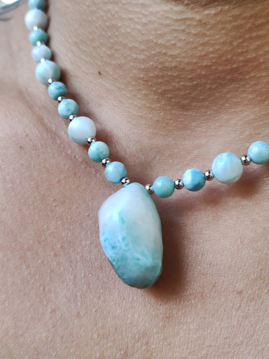 Larimar ~ Designer Edelstein Perlen Kette Meditation Gebetskette Mantra Zen Boho Heilstein Chakra Heilung Kristall Rarität Selten - Art of Nature Berlin