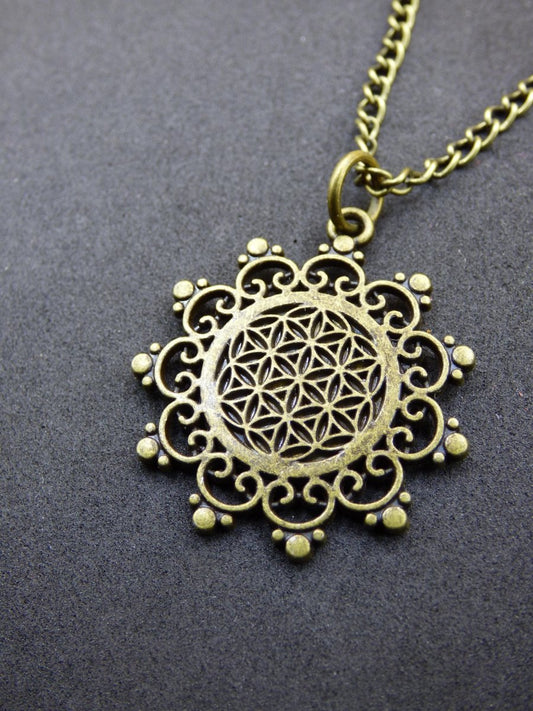 Lebensblume Mandala - Kette "Flower / Seed of Life" Antik Bronze Geschenk Freundin Sie Mutter Tochter Glück HIPPIE Vintage - Art of Nature Berlin