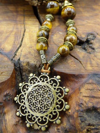 Lebensblume Mandala Kette Tigerauge Edelsteine braun natürlich ~HIPPIE Tibet ~Boho Nature Ethno ~Flower of Life Fibonacci Blume des Lebens - Art of Nature Berlin