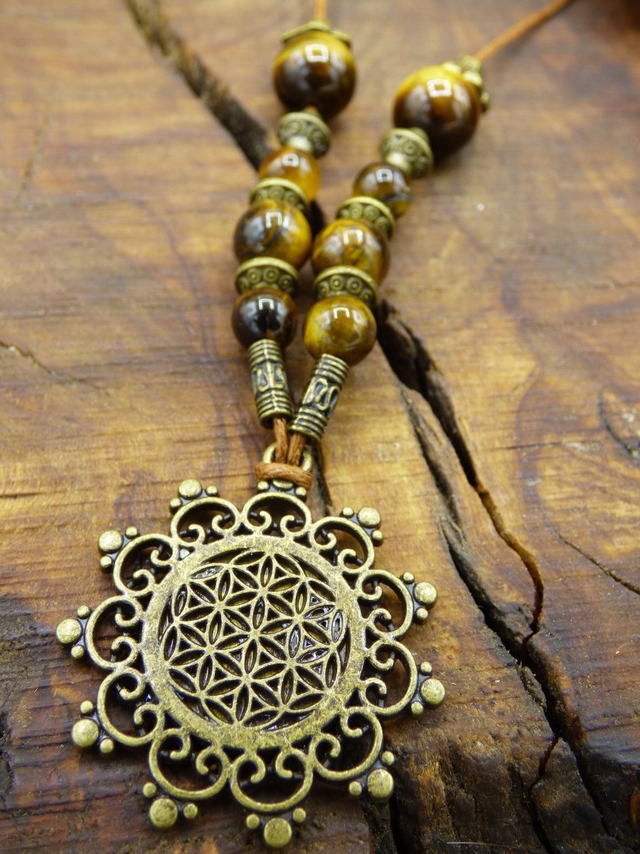 Lebensblume Mandala Kette Tigerauge Edelsteine braun natürlich ~HIPPIE Tibet ~Boho Nature Ethno ~Flower of Life Fibonacci Blume des Lebens - Art of Nature Berlin