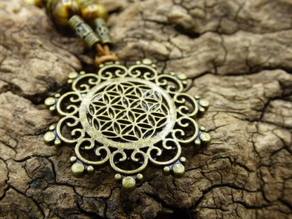 Lebensblume Mandala Kette Tigerauge Edelsteine braun natürlich ~HIPPIE Tibet ~Boho Nature Ethno ~Flower of Life Fibonacci Blume des Lebens - Art of Nature Berlin