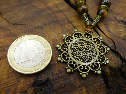 Lebensblume Mandala Kette Tigerauge Edelsteine braun natürlich ~HIPPIE Tibet ~Boho Nature Ethno ~Flower of Life Fibonacci Blume des Lebens - Art of Nature Berlin