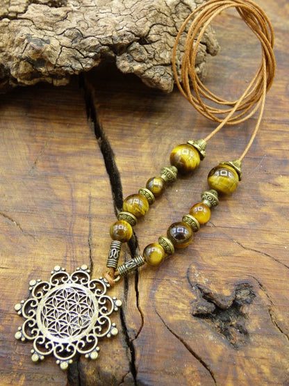 Lebensblume Mandala Kette Tigerauge Edelsteine braun natürlich ~HIPPIE Tibet ~Boho Nature Ethno ~Flower of Life Fibonacci Blume des Lebens - Art of Nature Berlin