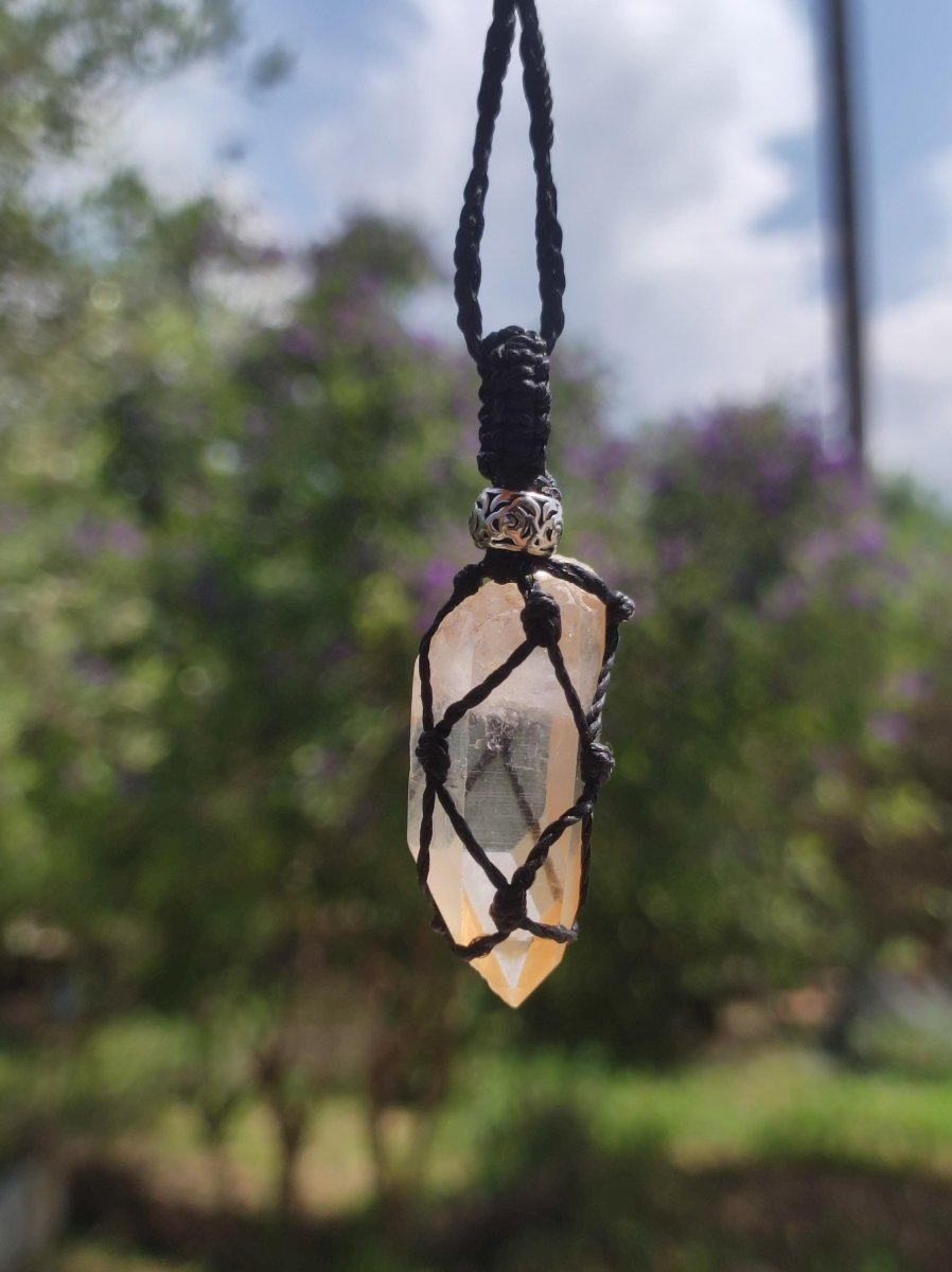 Lemon Quarz ~ Makramee Edelstein Kette ~HIPPIE ~GOA ~Boho ~Ethno ~Nature ~Heilstein ~Flash ~Schimmernd ~Groß ~roh Mineral Rarität - Art of Nature Berlin