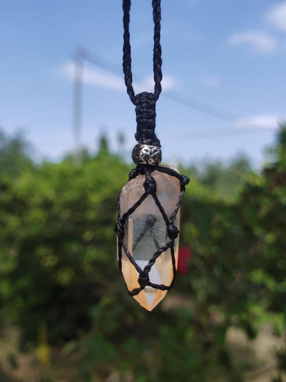 Lemon Quarz ~ Makramee Edelstein Kette ~HIPPIE ~GOA ~Boho ~Ethno ~Nature ~Heilstein ~Flash ~Schimmernd ~Groß ~roh Mineral Rarität - Art of Nature Berlin