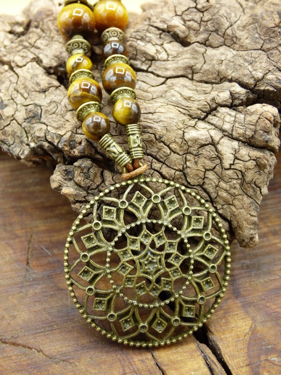 Mandala Blume Tibetische Anhänger Kette ~ Tigerauge Edelstein ~HIPPIE ~GOA ~Boho ~Tibet ~Ethno ~Nature - Art of Nature Berlin