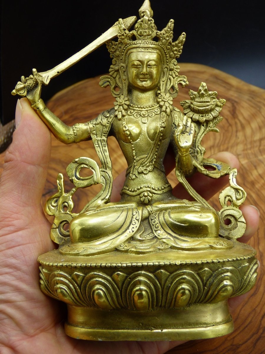 Manjushri Messing ~ große Statue Massiv ~ Glück Figur Buddhismus Deko Altar Vintage Rarität Tibet Boho Hippie Goa Ethno Psy Sanskrit Indien - Art of Nature Berlin