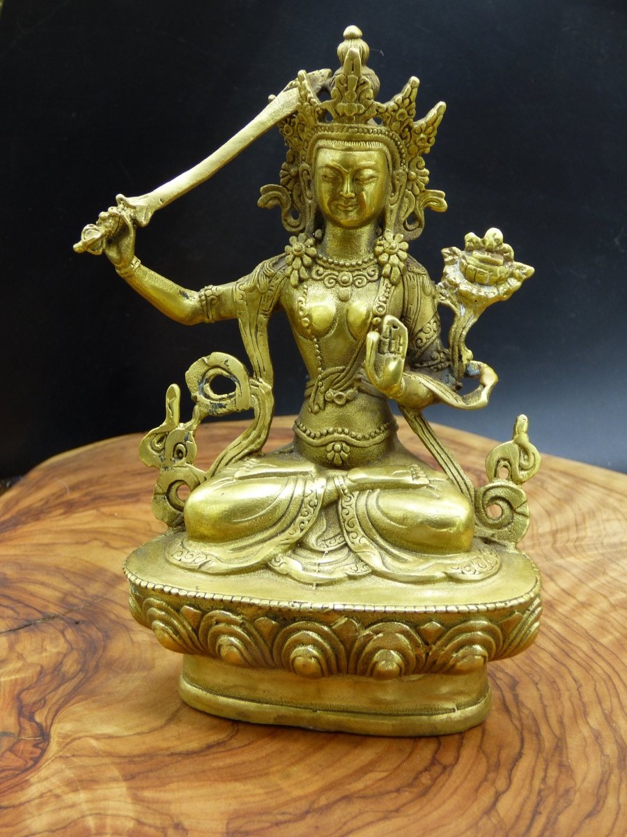 Manjushri Messing ~ große Statue Massiv ~ Glück Figur Buddhismus Deko Altar Vintage Rarität Tibet Boho Hippie Goa Ethno Psy Sanskrit Indien - Art of Nature Berlin