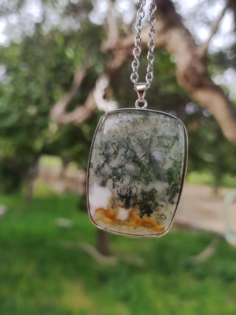 Moosachat - 925 Sterling Silber Edelstein Kette grün klar Unikat Rarität Heilstein Natur selten Ethno Mann Frau Er Sie Geschenk Freund - Art of Nature Berlin