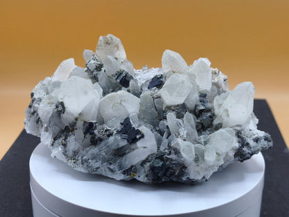 Museumsstück Bergkristall mit Kupferkies & Bleiglanz – metallische Begleitminerale, Madan Bulgarien, große Stufe Kristall Sammler Mineral - Art of Nature Berlin