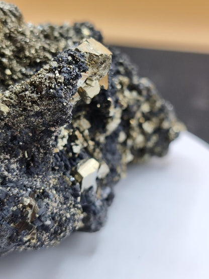Museumsstück Pyrit auf Zinkblende & Bleiglanz – goldene Pyritwürfel – außergewöhnliche Erzstufe Madan Bulgarien – große Mehrmineral Kristall - Art of Nature Berlin