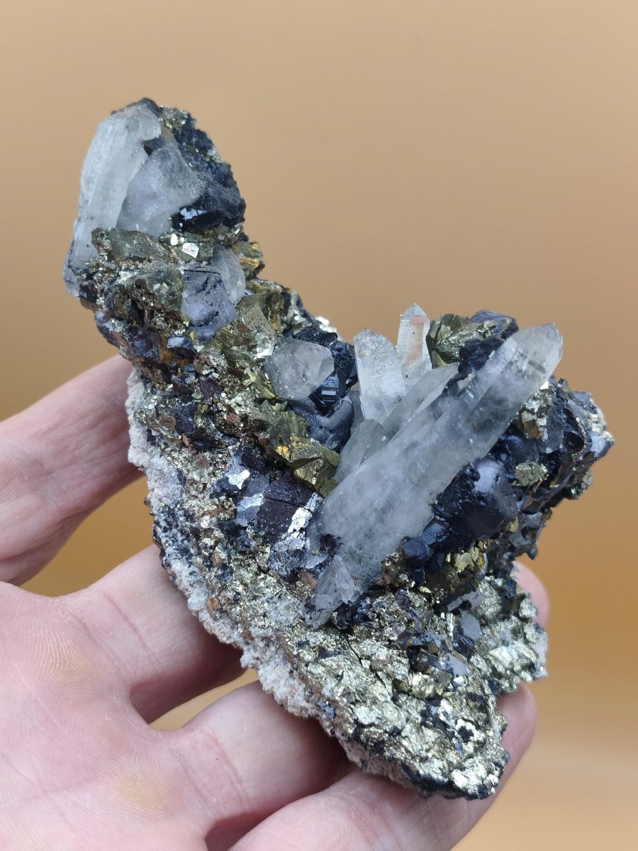 Museumsstück Pyrit, Zinkblende & Bergkristall – Madan Bulgarien 276 g Mehrmineral große Stufe Kristall Sammler Mineralien Geschenk Unikat - Art of Nature Berlin