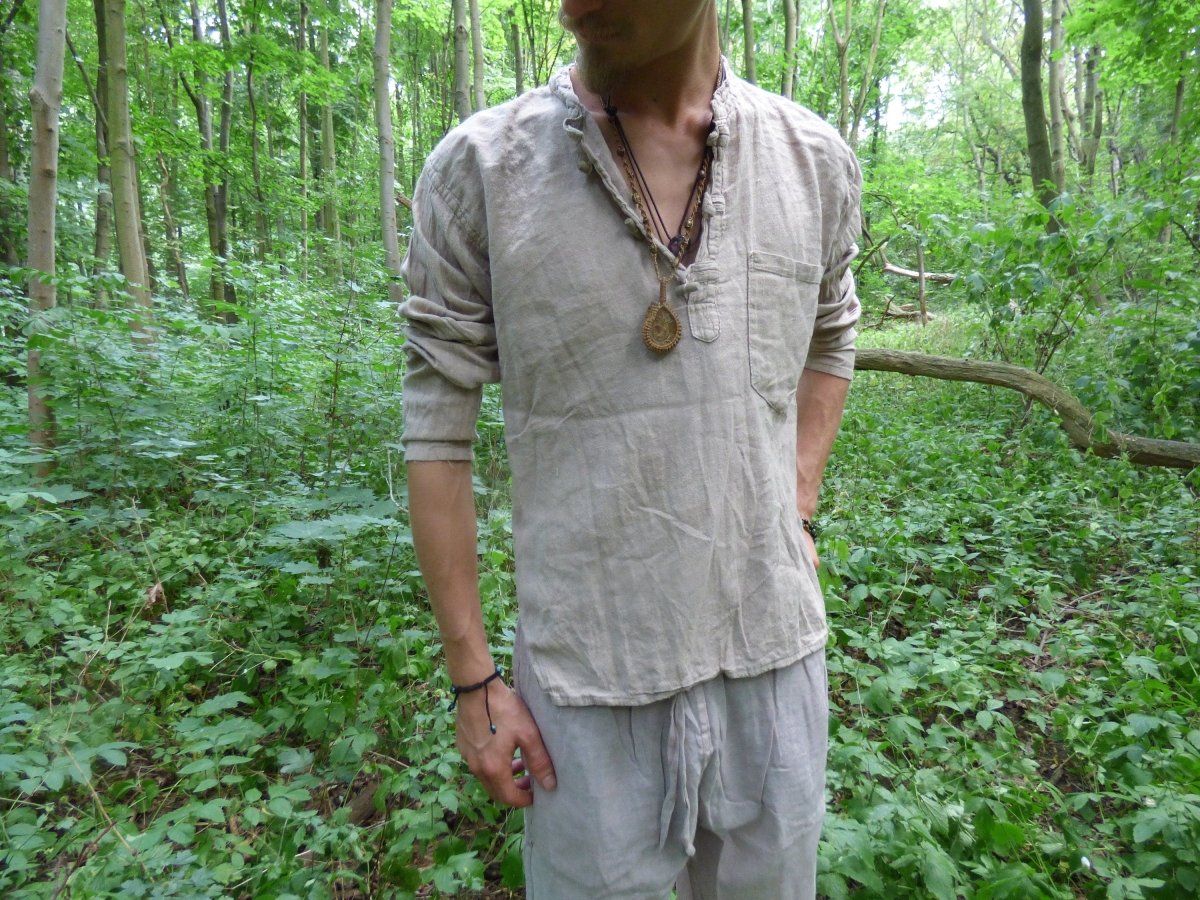 Natur Baumwoll Hemd Lang T-Shirt Beige Leinenlook Unisex - S/M/L/XL/XXL/XXXL Goa Hippie Boho Festival Psy Ethno Vintage Kleidung Yoga Chill - Art of Nature Berlin
