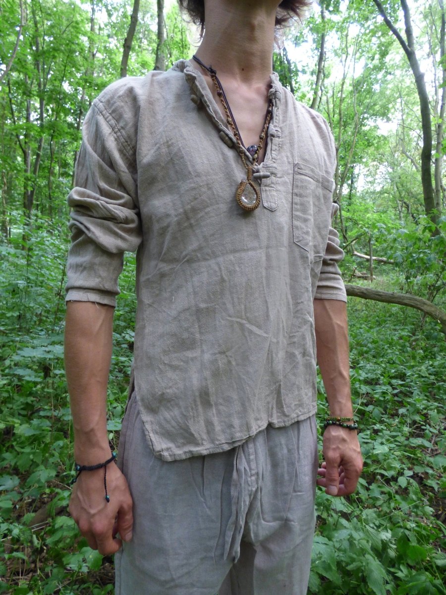 Natur Baumwoll Hemd Lang T-Shirt Beige Leinenlook Unisex - S/M/L/XL/XXL/XXXL Goa Hippie Boho Festival Psy Ethno Vintage Kleidung Yoga Chill - Art of Nature Berlin