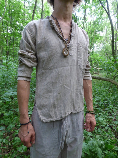 Natur Baumwoll Hemd Lang T-Shirt Beige Leinenlook Unisex - S/M/L/XL/XXL/XXXL Goa Hippie Boho Festival Psy Ethno Vintage Kleidung Yoga Chill - Art of Nature Berlin