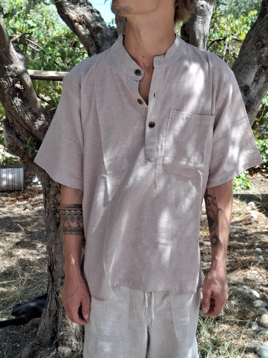 Natur Hemd Baumwolle T-Shirt Mann Frau kurz Arm Beige Hell Größe S - 3XL Goa Hippie Boho Festival Psy Ethno Vintage Sommer Indie Yoga Leicht - Art of Nature Berlin