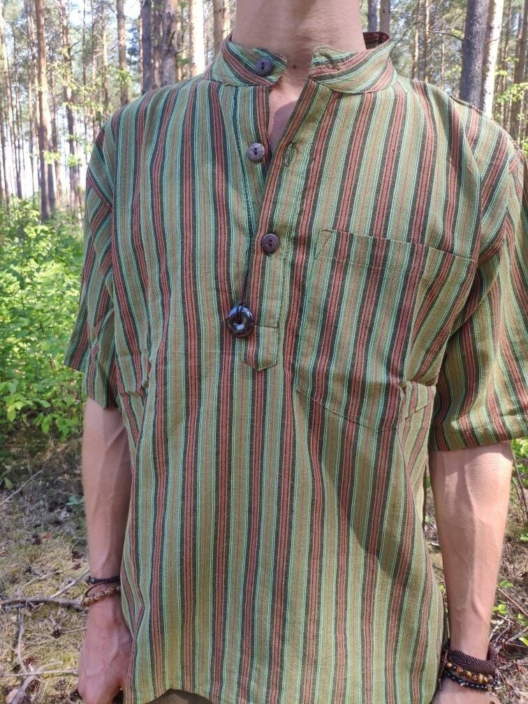 Natur Hemd Baumwolle T-Shirt Mann Frau kurze Arm Grün Kaki Streifen Größe S - 3XL Goa Hippie Boho Festival Psy Ethno Vintage Sommer Indie Yoga - Art of Nature Berlin