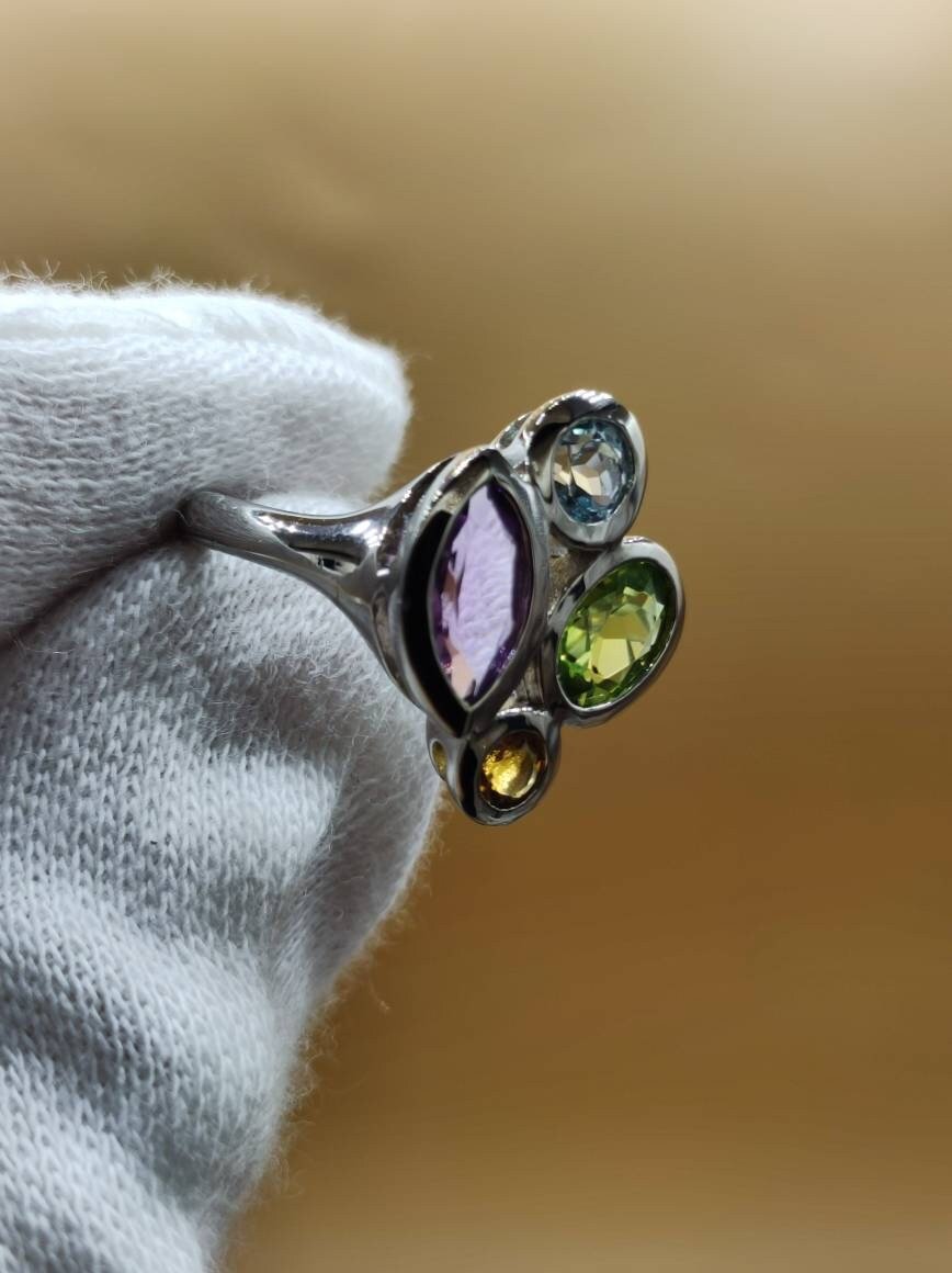 Peridot Citrin Blautopas Amethyst - Ring - 925 Silber Größe 18 (57) - Edelstein Heilstein Edel Energie Kraft Schmuck Hochwertig - Art of Nature Berlin