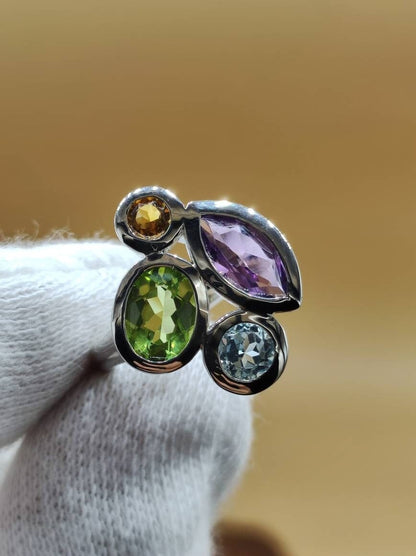 Peridot Citrin Blautopas Amethyst - Ring - 925 Silber Größe 18 (57) - Edelstein Heilstein Edel Energie Kraft Schmuck Hochwertig - Art of Nature Berlin