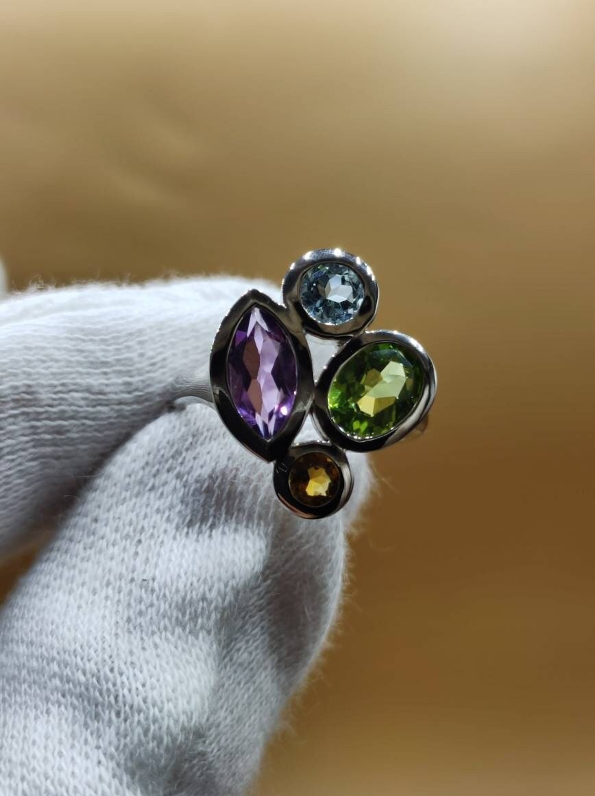 Peridot Citrin Blautopas Amethyst - Ring - 925 Silber Größe 18 (57) - Edelstein Heilstein Edel Energie Kraft Schmuck Hochwertig - Art of Nature Berlin