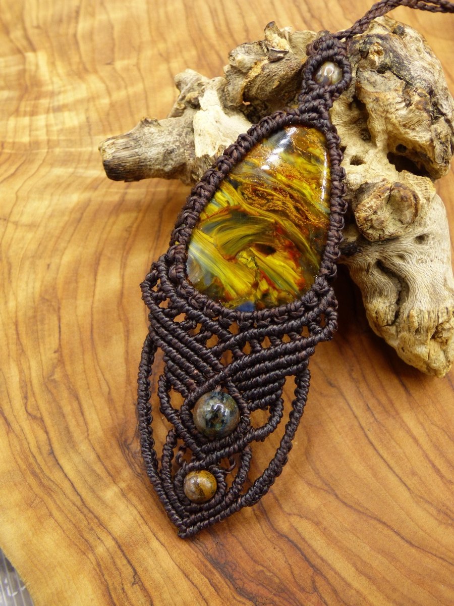 Pietersite Golden ~ Makramee Edelstein Kette ~HIPPIE ~GOA ~Boho ~Ethno ~Nature ~Heilstein ~Flash ~Fire ~Fluss ~Blitz ~Rarität - Art of Nature Berlin